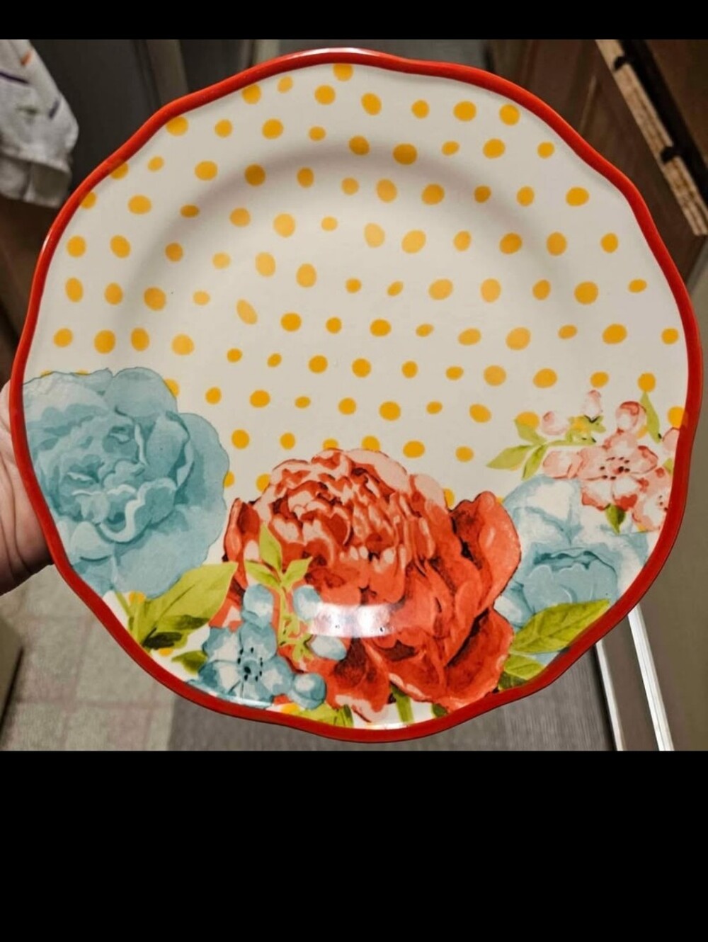 One Pioneer Woman Blossom Jubilee 8.5" Stoneware Salad Plate Red Rim Yellow Dots